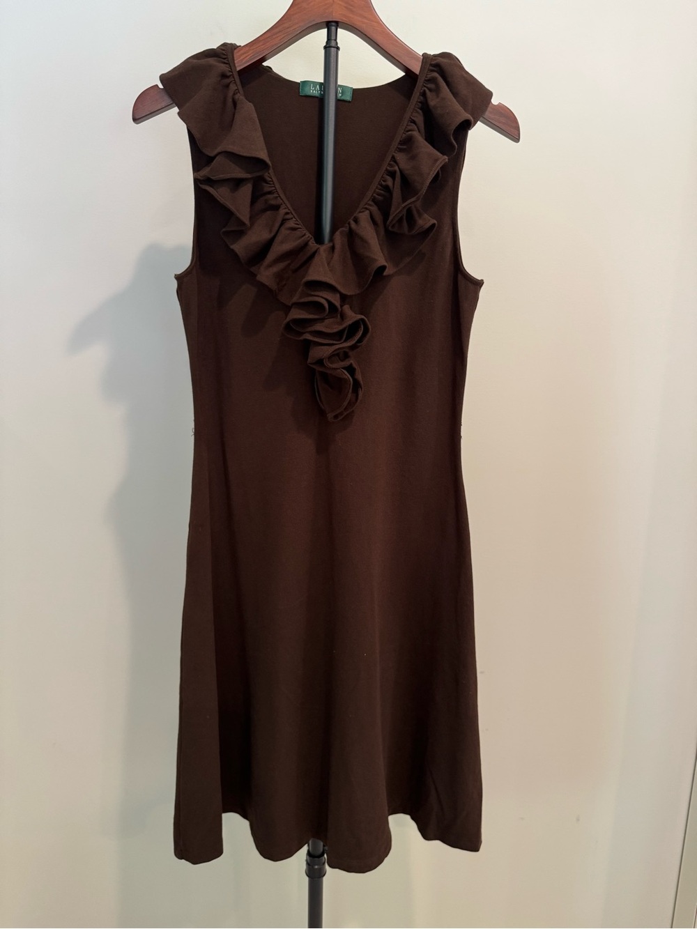 Ralph Lauren Women's Chocolate Brown Ruffle Neck Dress Knee Length Measures as 6